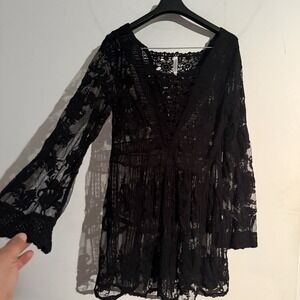 Y2K Whimsigoth Black Lace Tunic Mini Dress Sheer Festival Boho Bell Sleeve M